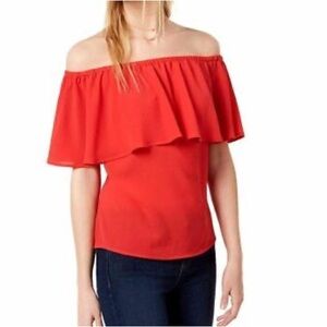 Holding Horses Anthropologie Red Off the Shoulder Scoop Neck Flowy Flirty Blouse